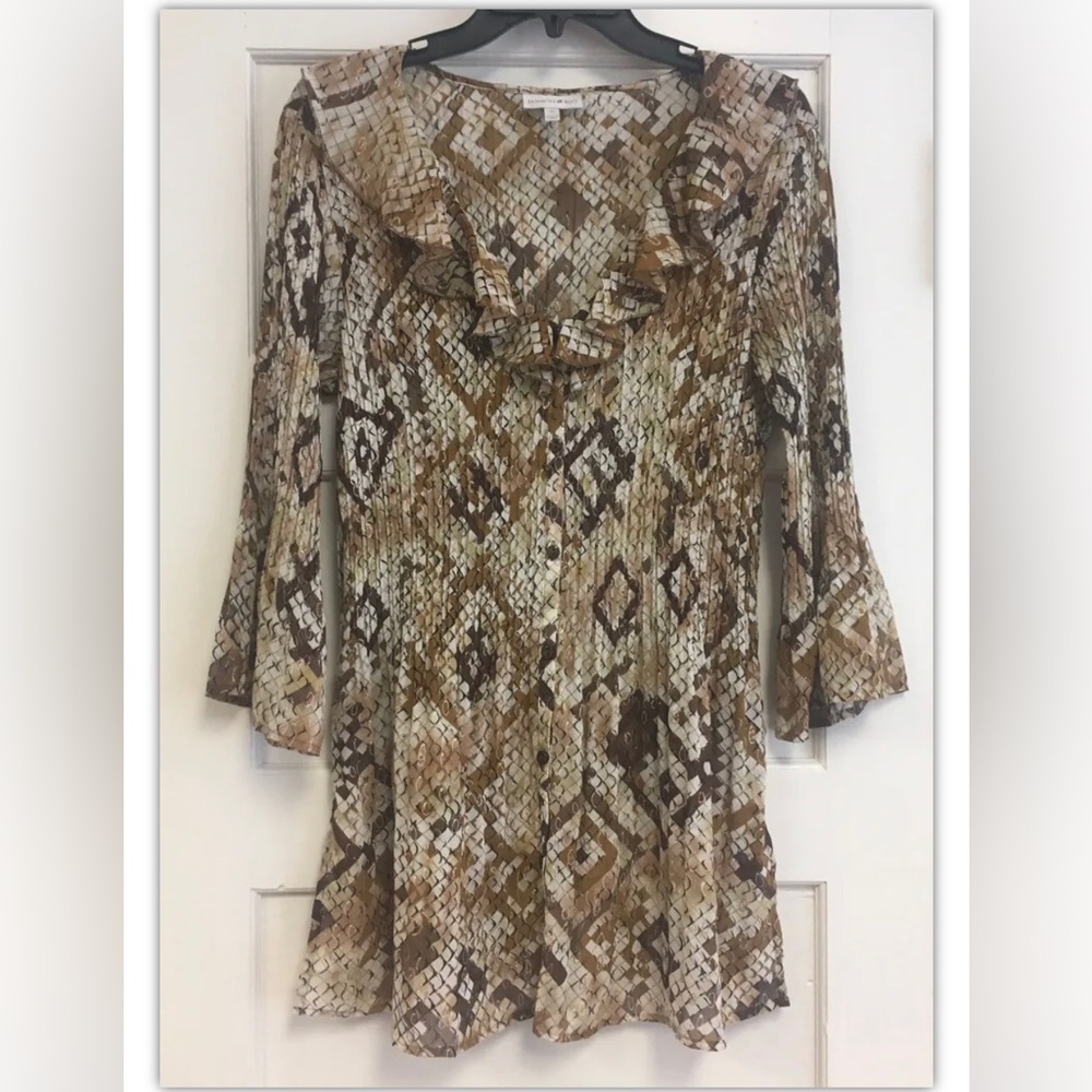 Fashion Bug Fairy Whimsigoth Brown Cream Blouse top M bell Sleeve boho snakeskin